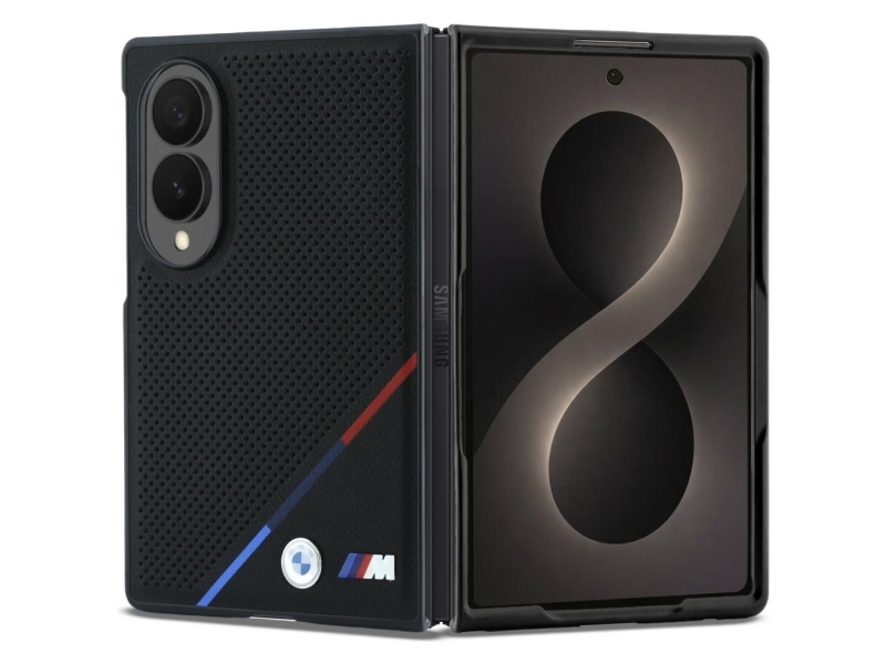 Bmw M Leather Perforated Tricolor Stripe Metal Logos Magsafe Case For Samsung Galaxy Z Fold 8 - Black