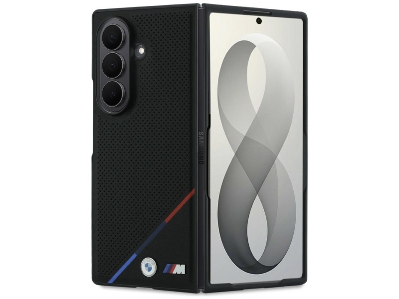 Bmw M Leather Perforated Tricolor Stripe Metal Logos Magsafe Case For Samsung Galaxy Z Fold 8 Ultra - Black