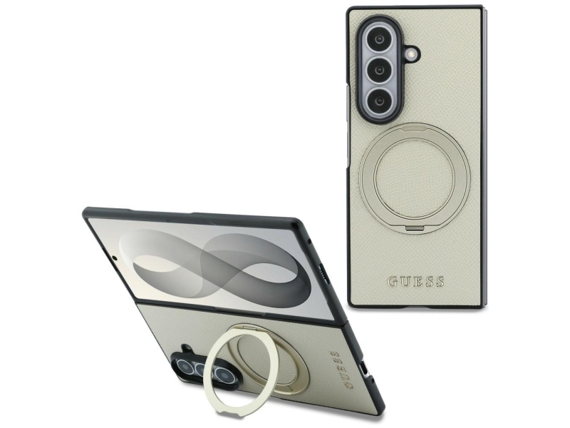 Guess Magnetic Ring Stand Grained Classic Logo Magsafe Case For Samsung Galaxy Z Fold 8 Ultra - Beige