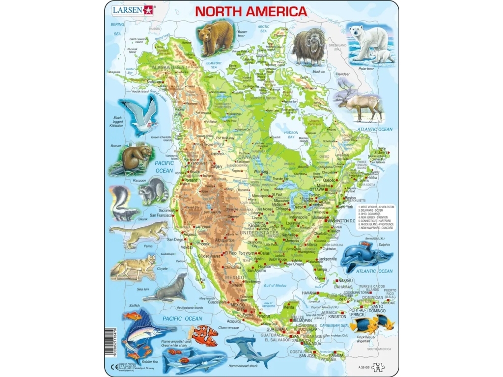 Larsen Puzzle Nordamerika Topografische Karte Mit Tieren - 66 Teile, Maxi (36,5X28,5Cm)
