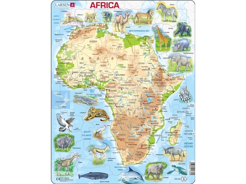 Larsen Puzzle Afrika Topografische Karte - 63 Teile, Maxi (36,5X28,5 Cm)