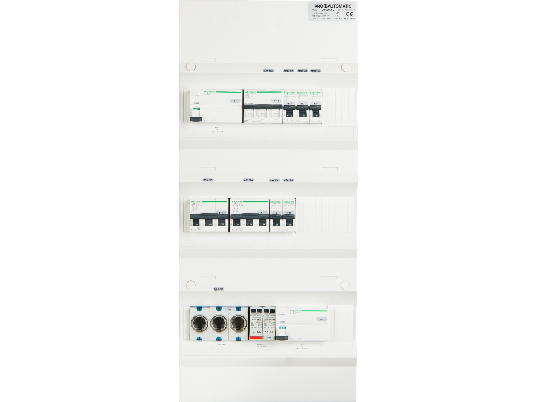 Gruppetavle færdigmonteret Hvid, 1xD02, 2xHPFI 40A 30mA, 3xC16A 3P+N, 5xC13A 1P+N, 1xType 2 transient