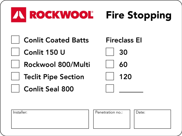 ROCKWOOL Conlit Adhesive Labels anvendes som kvalitetssikring og dokumentation for, at brandlukningen er udført korrekt. 100 stk./pakke