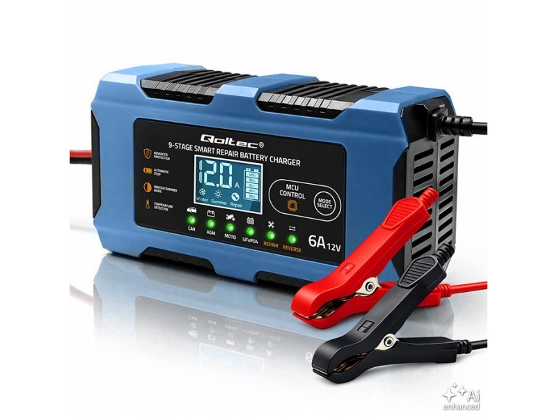 Qoltec intelligent oplader 12V 6A | Oplader med reparationsfunktion | MCU | Automatisk slukning | 9-trins opladning | AGM, GEL, LiFePO4