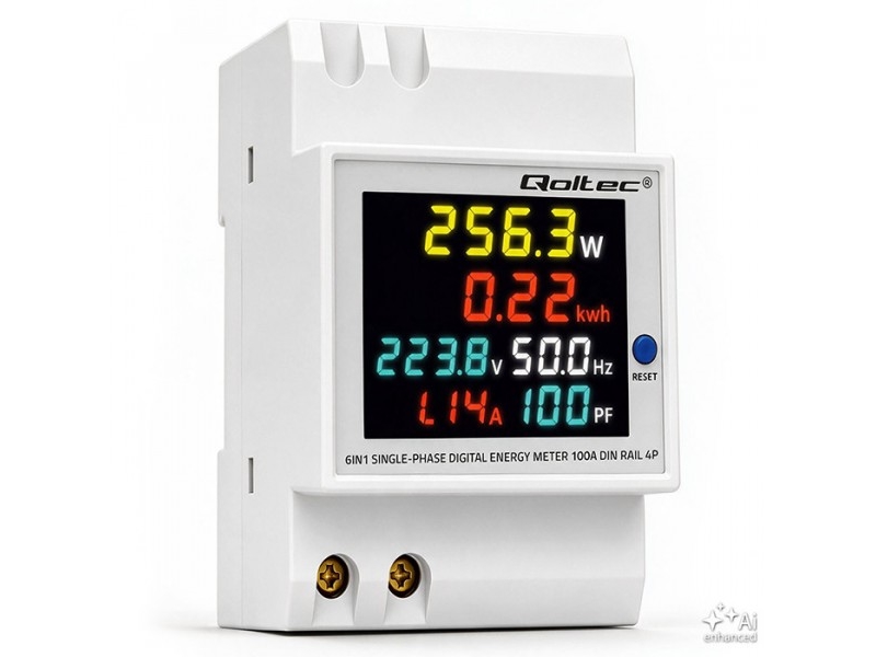 Qoltec enfaset 6-i-1-måler | energiforbrugsmåler til DIN-skinne | 230 V | 100 A | LCD | CT | 3P