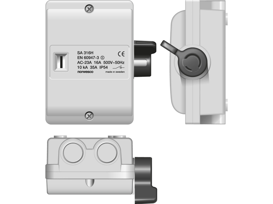 Sikkerhedsafbryder 16A 3P+N+H+J Grå med sort aflåselig greb 4xM20 7,5kW IP54