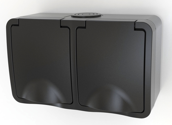 Stikkontakt, dobbelt schuko, IP54, sort