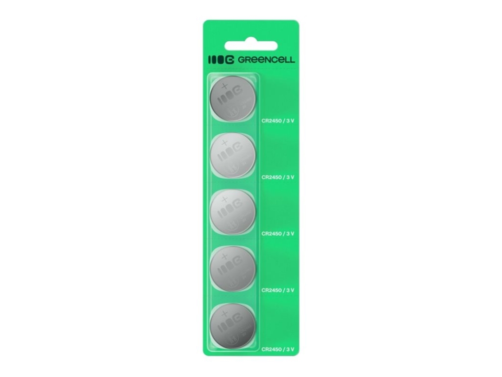 Green Cell Žalias Cell Greencell blisterinėje pakuotėje yra 5 ličio baterijos CR2450 3V 600mAh, skirtos raktams, laikrodžiams, nuotolinio valdymo pultams, svarstyklėms