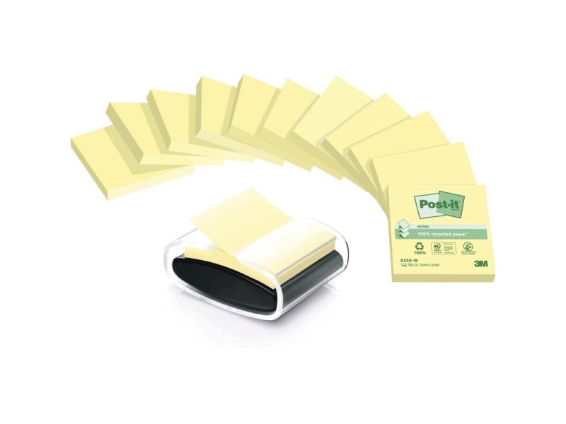 Post-it® R330 genbrug Z-notes - med 12 stk. inkl. borddispenser billede