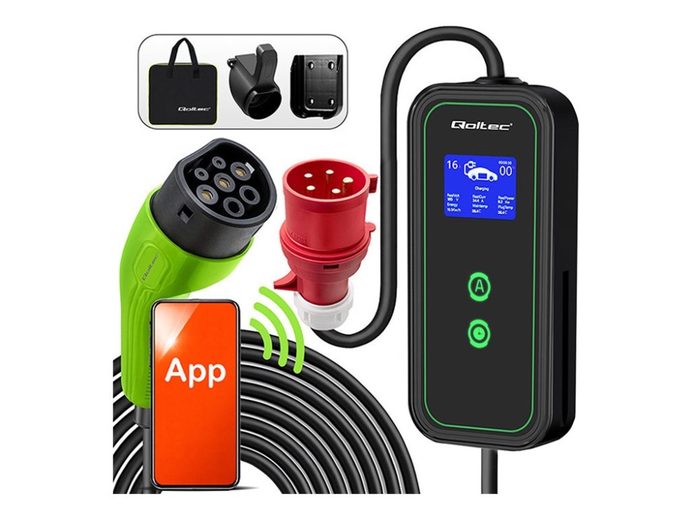 Qoltec Mobile - EV-laddningsstation - med 2-i-1 typ 2 justering, portabel, Wi-Fi, LCD, LED - 11 kW - 16 A (IEC 62196-2 (Mennekes)) - svart, grön
