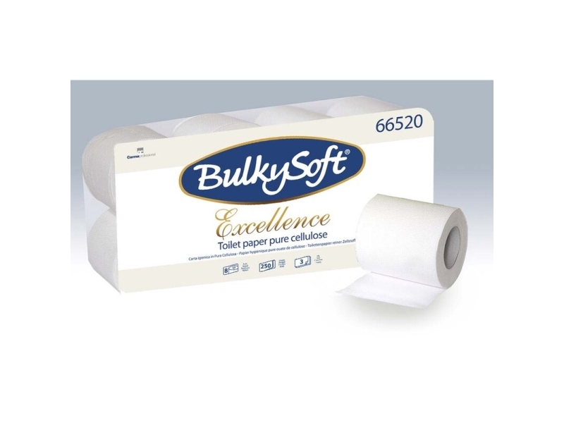 Toilet paper, rolls, BulkySoft Excellence, 3 lag, væv, hvid 95mm x 29.00m, Æske med 72 ruller