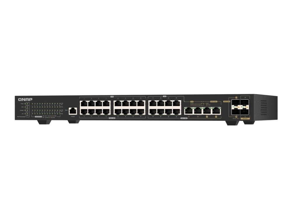 QNAP QSW-M2130P-2C2S26T - Switch - Administreret - 2 x 10 Gigabit SFP+ + 2 x combo 10 Gigabit SFP+/RJ-45 + 2 x 10Gb Ethernet + 24 x 2.5GBase-T - monterbar på stativ - PoE++ (375 W)