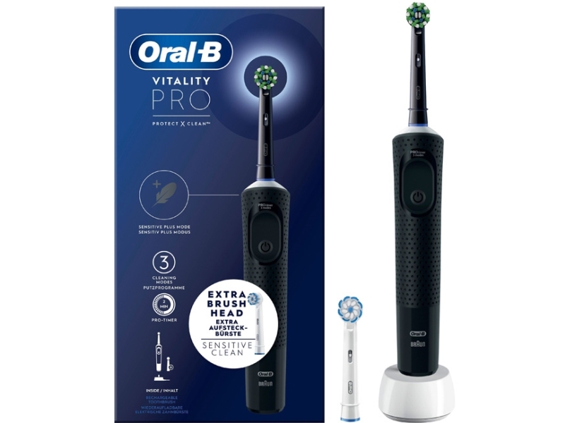 Braun Vitality Pro, Vuxen, Roterande och oscillerande tandborste, Daglig vård, Känslig, Super sensitive, Svart, 2 min, Batteri