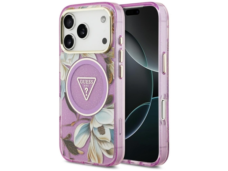 Guess Iml Glitter Flowers Triangle Magsafe Case For Iphone 17 Pro / 18 Pro - Purple