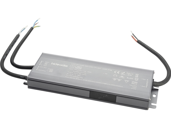 LED-lysdæmpertrafo 24V DALI/PUSH 120W IP66. Til dæmpning af LEDstrip enkeltfarve via Push (230V) eller DALI.