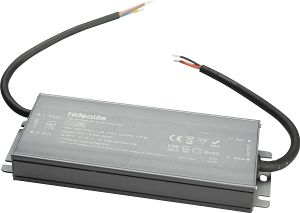 LED-lysdæmpertrafo 24V FDIM 200W IP66. Til fasedæmpning af 12V LEDstrip. Belastning maks. 200W.