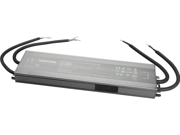 LED-lysdæmpertrafo 24V DALI/PUSH 360W IP66. Til dæmpning af LEDstrip enkeltfarve via Push (230V) eller DALI.