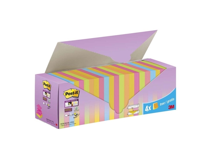 Post-it Super Sticky Z-notes, 76 x 76 mm, 6 farver, pakke a 24 stk.