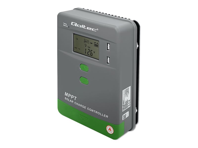 Qoltec - Solar charge controller - MPPT, with temperature sensor, 12 / 24 V - grå, grön