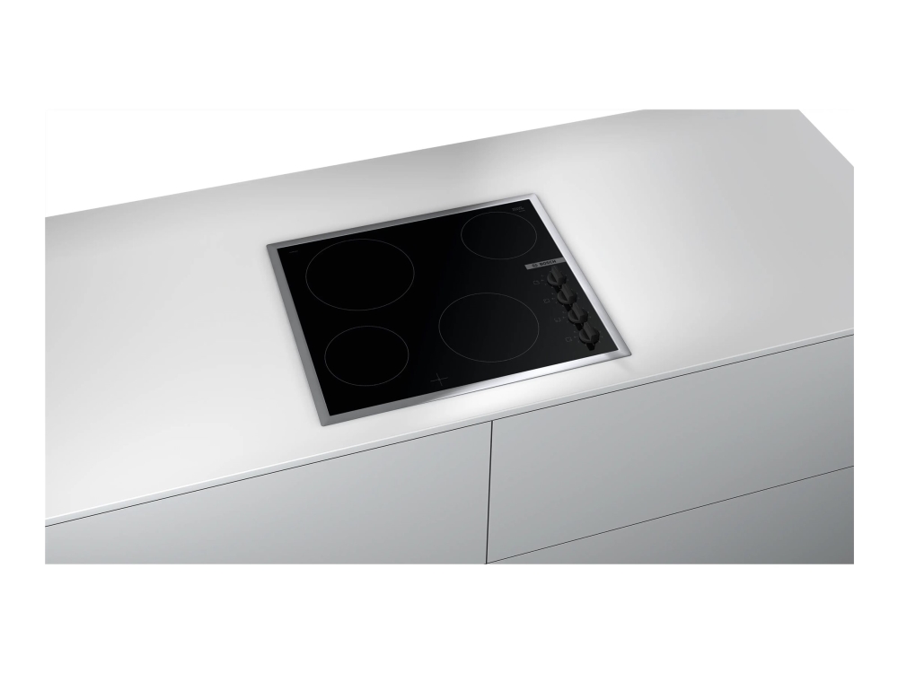 Bosch Serie | 2 PKE645CA2E - Keramisk häll - 4 kokplattor - Fördjupning - bredd: 56 cm - djup: 49 cm - med kanter i rostfritt stål - svart / rostfritt stål