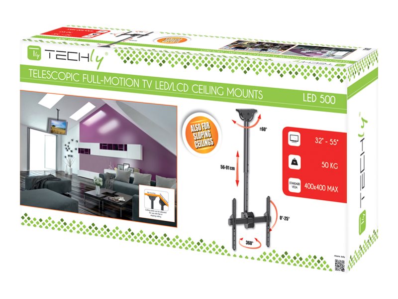 Techly - Monteringssæt (Til Loftmontering, Monteringsbøjle, Teleskopisk Pæl) - For Fladt Panel - Stål - Sort - Skærmstørrelse: 32"-55" - Loftsmonterb