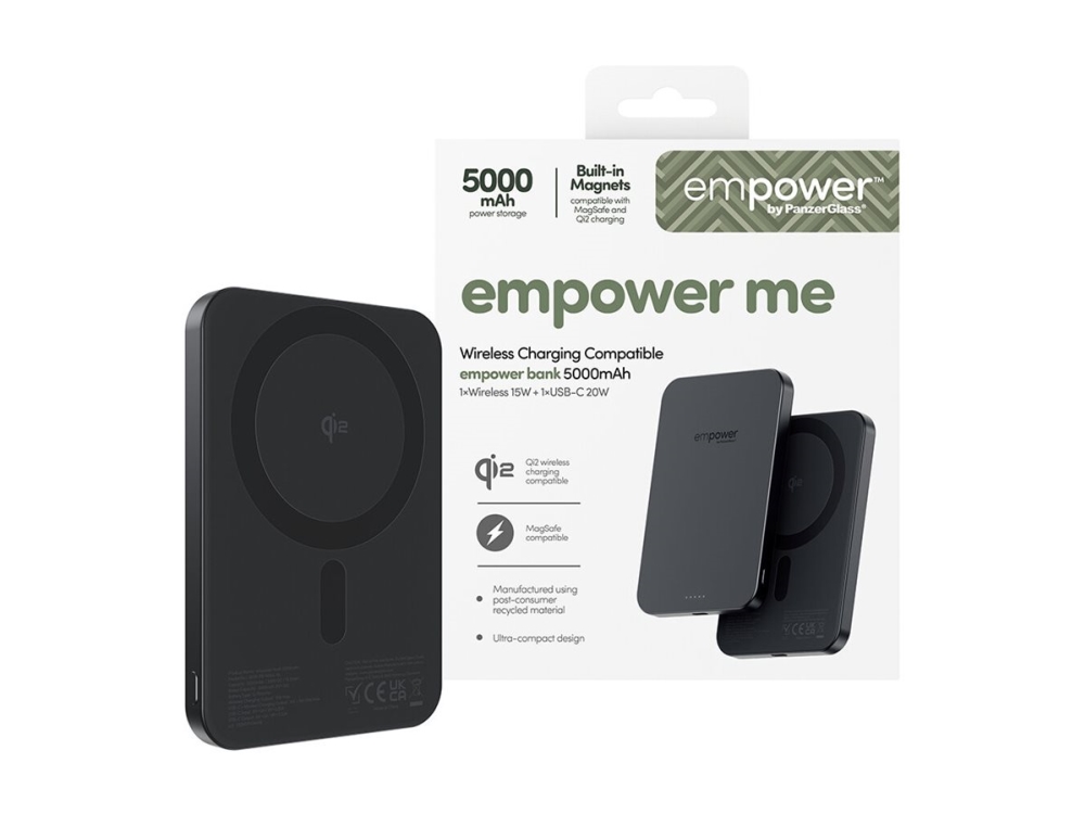 PanzerGlass empower trådløs powerbank 5000 mAh, 15 W Qi2 + USB‐C 20 W - Space Black