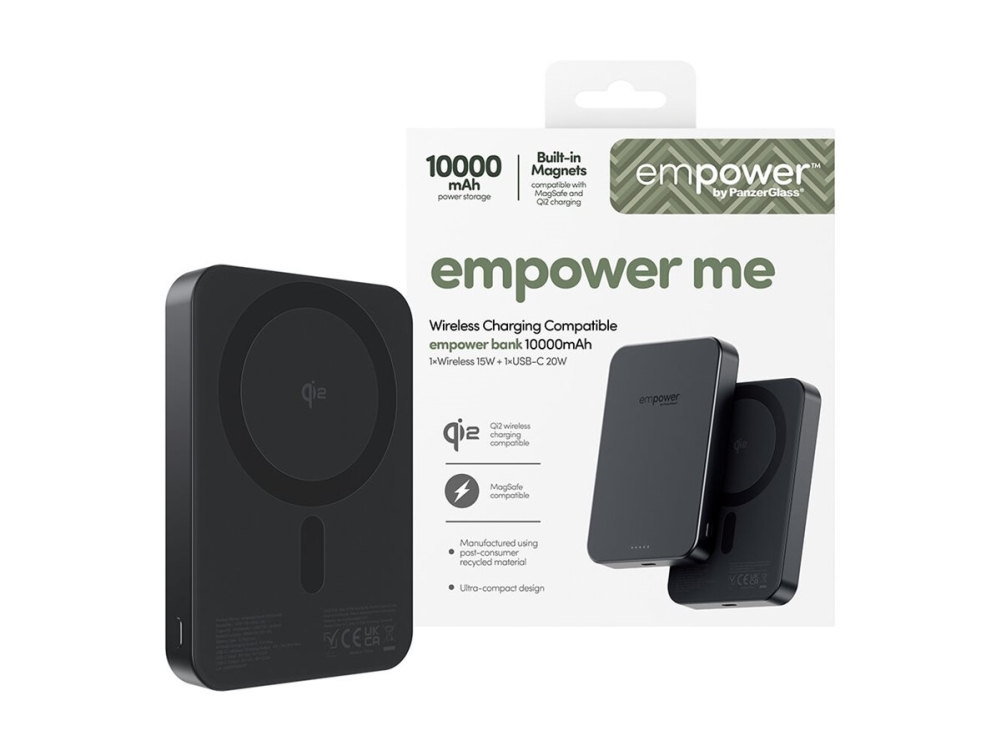 PanzerGlass empower powerbank 10.000 mAh med trådløs Qi2 opladning 15 W og USB-C 20 W - Space Black