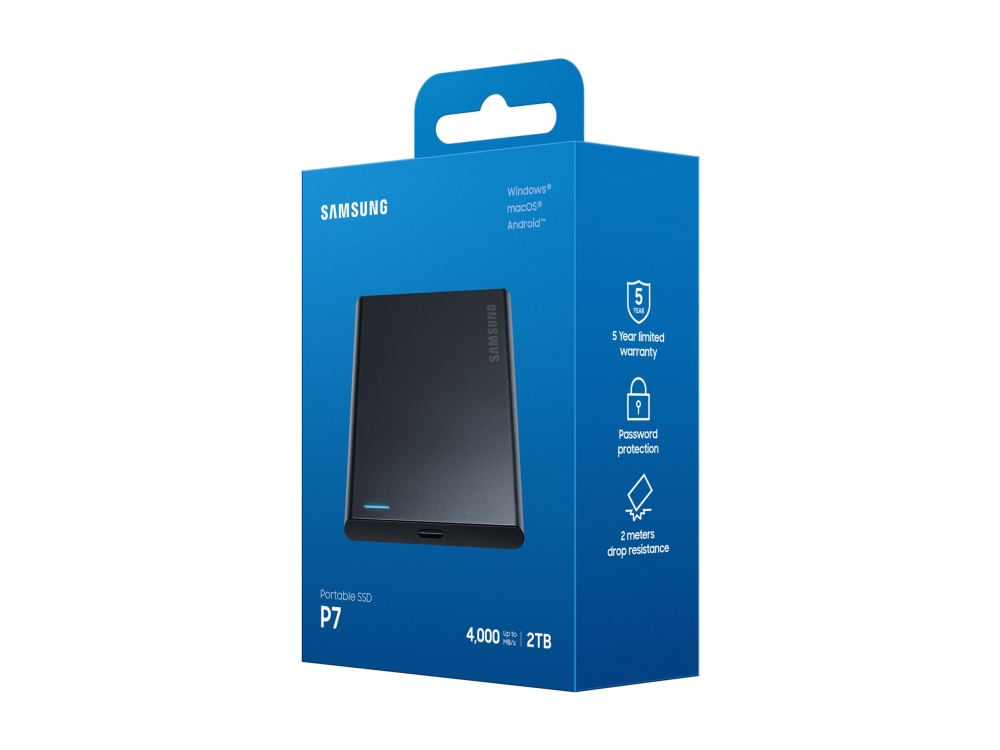 Samsung Portable SSD P7 USB4 Gen 3x2 - 2 TB, 2 TB, USB Typ-C, USB4 Gen 3x2, 4000 MB/s, Passwortschutz, Schwarz