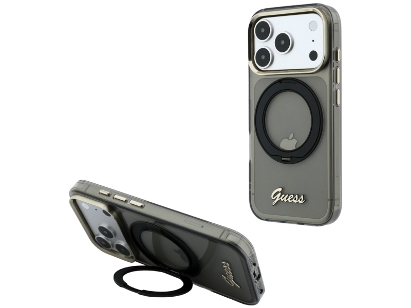 Etui Guess IML Ring Stand 360 Script Metal Logo MagSafe na iPhone 17 Pro / 18 Pro - czarne