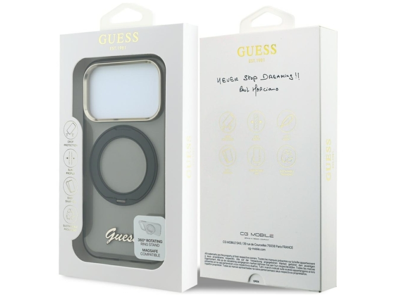 Etui Guess IML Ring Stand 360 Script Metal Logo MagSafe na iPhone 17 Pro Max / 18 Pro Max - czarne