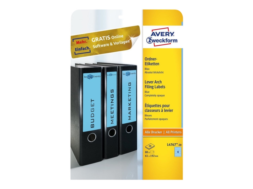 Avery Border Binder Labels, Blue 192 X 61Mm (20), 20 Blätter, 192 X 61Mm