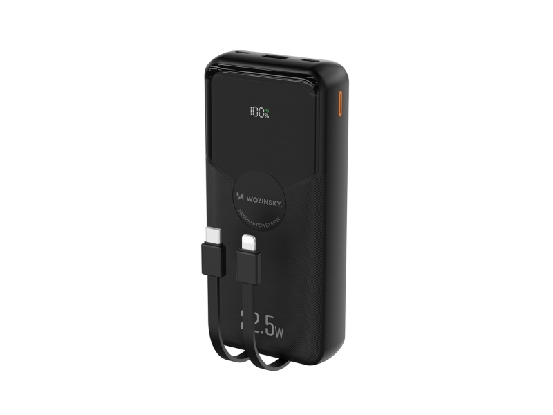 Wozinsky Powerbank 20.000 Mah, 22,5 W, Pd20w, Mit Integrierten Lightning- Und Usb-C-Kabeln – Schwarz