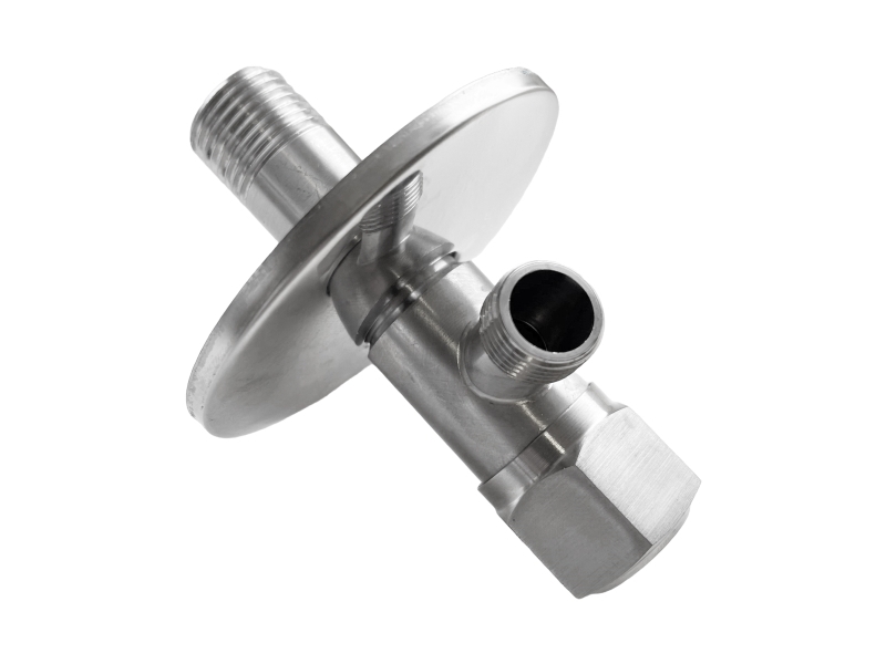 DRJ rustfri stopventil, 1/2" x 3/8", lang model, med keramisk spindel, stor roset Ø77 mm