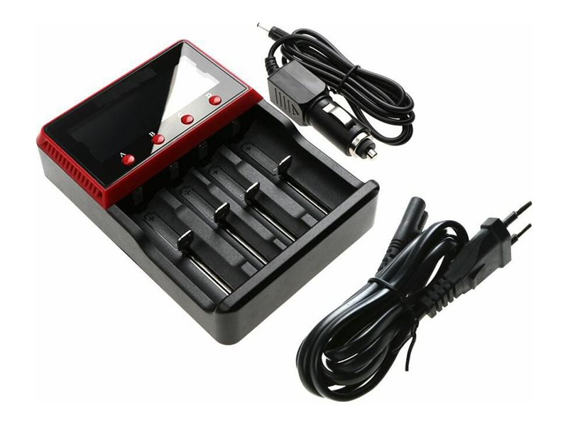 CoreParts - Batterioplader - til 18650 batteri + AC-strømadapter + bilstrømsadapter - 4 x batterier lader op - 4 output-stikforbindelser (batteristikforbindelse) - sort - Europa