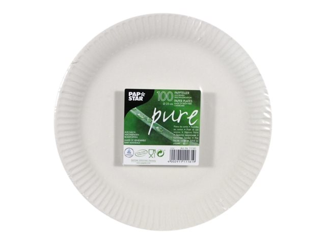 PAPSTAR Papp-Teller pure rund, 230 mm, weiAz, 100er aus 100% Frischfaserkarton, lebensmittelecht, kompostierbar