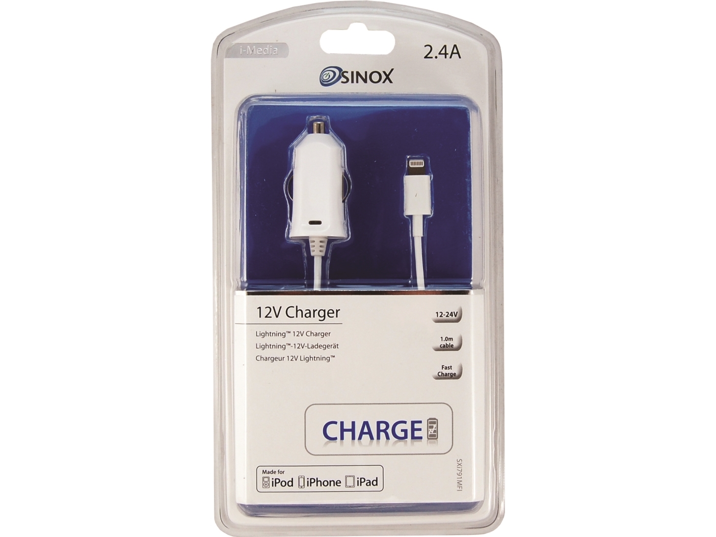 Sinox i-Media - Strømforsyningsadapter - bil - 2.4 A (Lightning) - Europa - for Apple iPad/iPhone/iPod (Lightning)