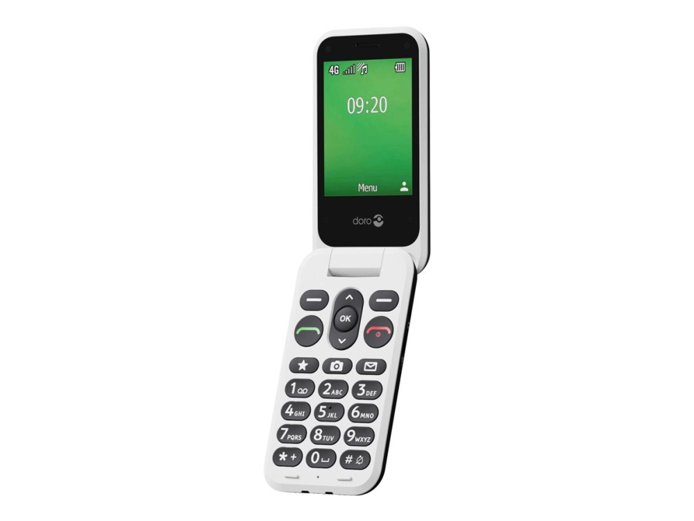 DORO Leva E22 – 4G funktionstelefon – RAM 64 MB / Intern hukommelse 128 MB – microSD slot – LCD display (TFT) – 320 x 240 pixels (60 Hz) – rear camera 0,3 MP – sort/hvid