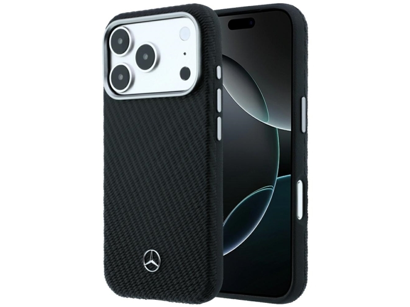Deklas Mercedes Leather Semi Wrap Wood Effect Magsafe, Skirtas Iphone 18 Pro Max / 17 Pro Max, Juodas