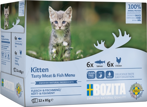BOZITA Kitten boks vådfoder til killinger med kød- og fiskestykker i sauce, 12 x 85 g