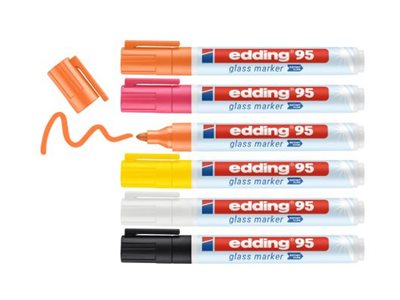 Edding - Markør - For Glas, Glastavle, Whiteboard - Sort, Hvid, Gul, Orange, Pink, Lyseblå - 1.5-3 Mm (Pakke Med 6)