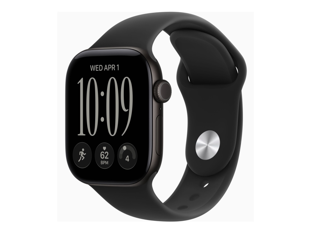 Apple Watch Series 12 (GPS) - 42 mm - svart aluminium - smart klocka med sportband - gummi - svart - band: S/M - 64 GB - Bluetooth, Wi-Fi 4, UWB - 32.2 g