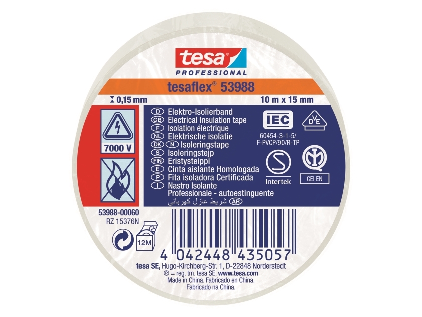Tesaflex® 53988 - PVC-isoleringstape til isolering og mærkning af kabler 10m x15mm hvid - (10 stk.)