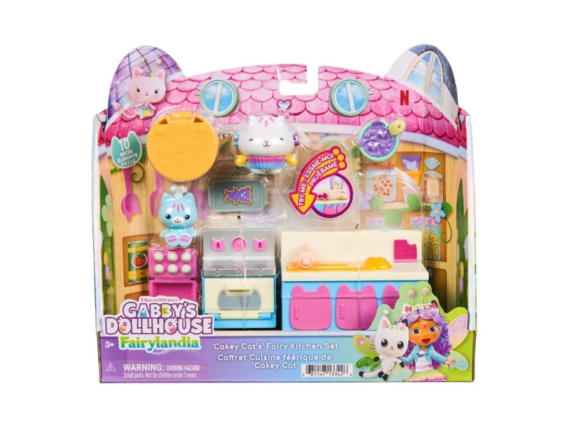 Gabby'S Dollhouse Dreamworks Fairylandia Cakey Cat'S Fairy Kitchen 10-Piece Set With Pop-Up Art And Play Kitchen Accessories, Pretend Play To