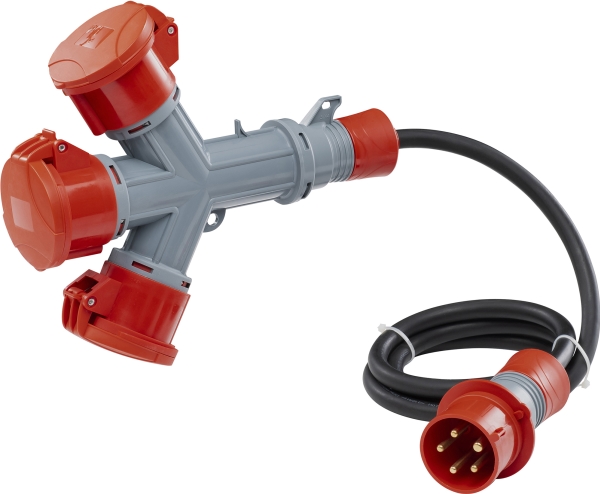 CEE Kompaktforgrener rød med 3 udtag, 3P+N+J, 16A, IP44 IK8, 380÷415V, 6h, med 2 meter ledning inkl. stikprop