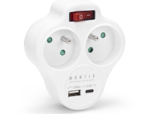 Montis Dobbel Netværksfordeler Med Afbryder + Usb-A + Usb-C Montis Mt144-Wh Hvid