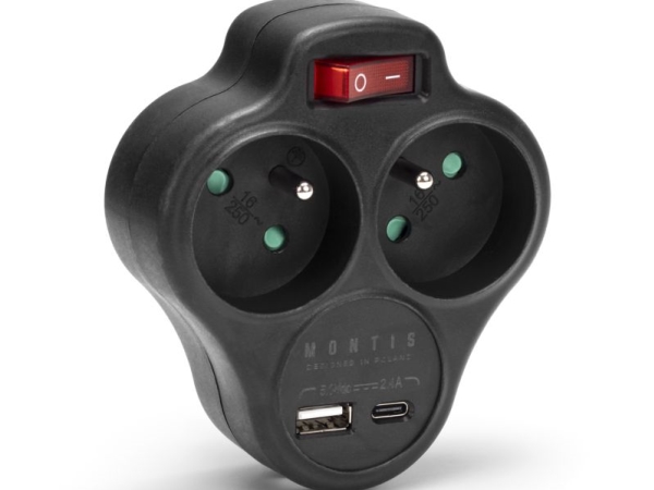 Montis Dobbelt Netadapter Med Afbryder + Usb-A + Usb-C Montis Mt144-Bk Sort