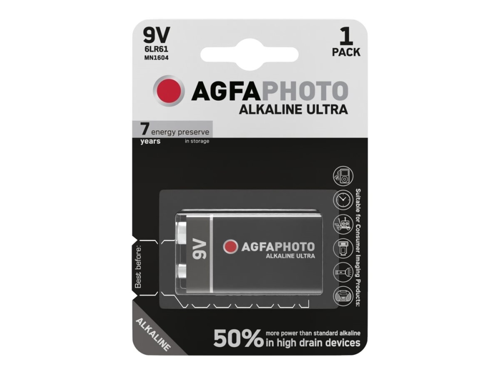 AgfaPhoto 110-851808, Engangsbatteri, 9V, Alkaline, 9 V, 1 stk, Sort, Rød, Hvid