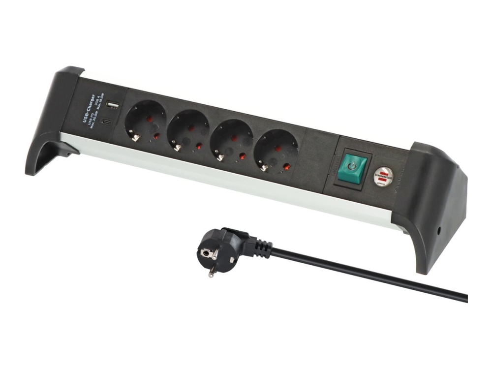 Brennenstuhl Alu-Office-Line - Stikdåse - Ac 230 V - 3500 Watt - Input: Type F (4 X Strøm Type F, Usb-C, Usb) - 1.8 M Ledning - Sort, Sølv