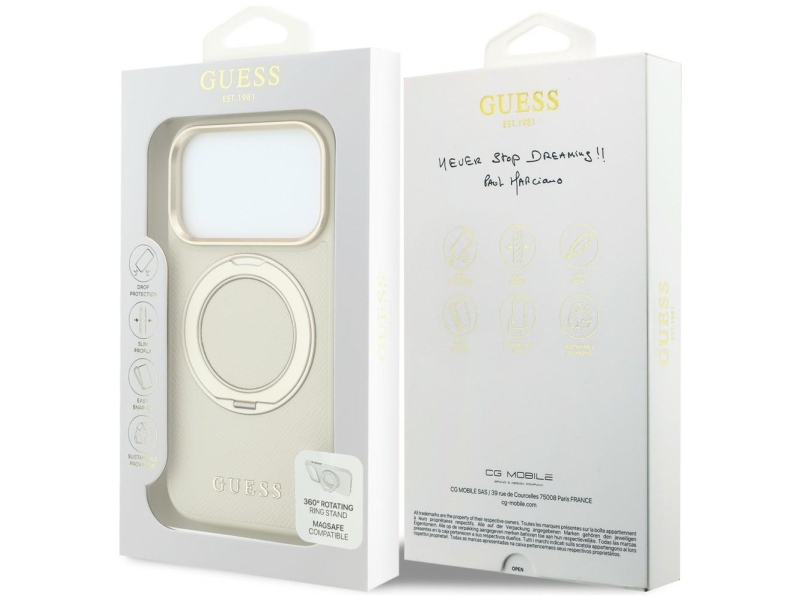 Guess Ring Stand 360 Grained Classic Logo MagSafe case for iPhone 18 Pro Max / 17 Pro Max - beige