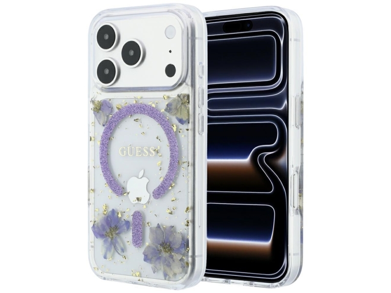 Guess Resin Flowers Glitter Magsafe Case For Iphone 18 Pro / 17 Pro - Purple